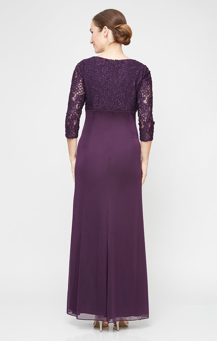 Empire Waist Lace & Mesh Dress with Surplice Neckline