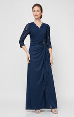 Empire Waist Lace & Mesh Dress with Surplice Neckline