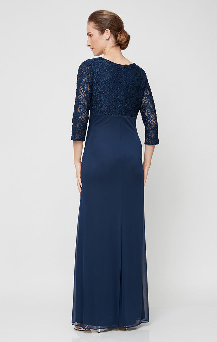 Empire Waist Lace & Mesh Dress with Surplice Neckline