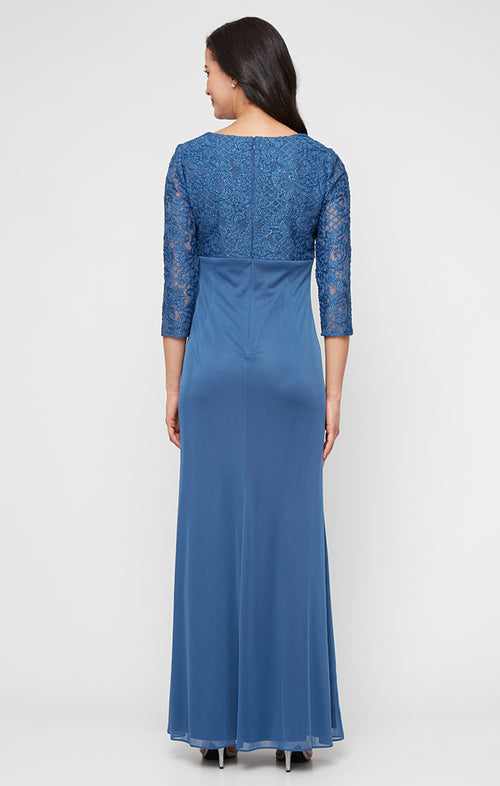 Petite Long A-Line Empire Waist Lace & Mesh Dress with Surplice Neckline, Beaded Ruched Detail Cascade Skirt & Illusion Sleeves