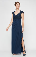 Cap Sleeve Empire Waist Dress with Corded Lace Bodice Detail & Cascade Mesh Skirt