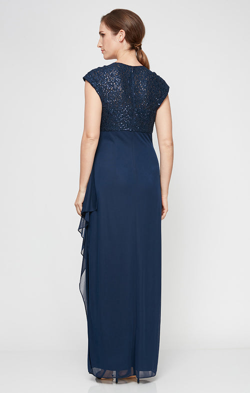 Cap Sleeve Empire Waist Dress with Corded Lace Bodice Detail & Cascade Mesh Skirt