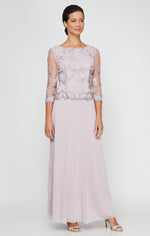 A-Line Embroidered Tulle & Chiffon Dress with Scallop Detail