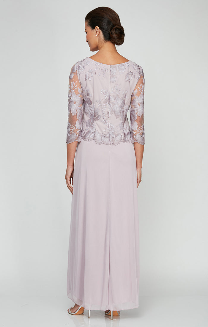 A-Line Embroidered Tulle & Chiffon Dress with Scallop Detail