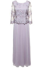 Long A-Line Embroidered Mock Dress With Scallop Detail and 3/4 Sleeves