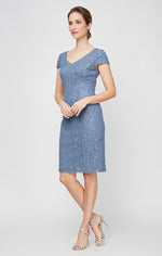 Short Corded Sheath Dress With V-Neckline and Cap Sleeves