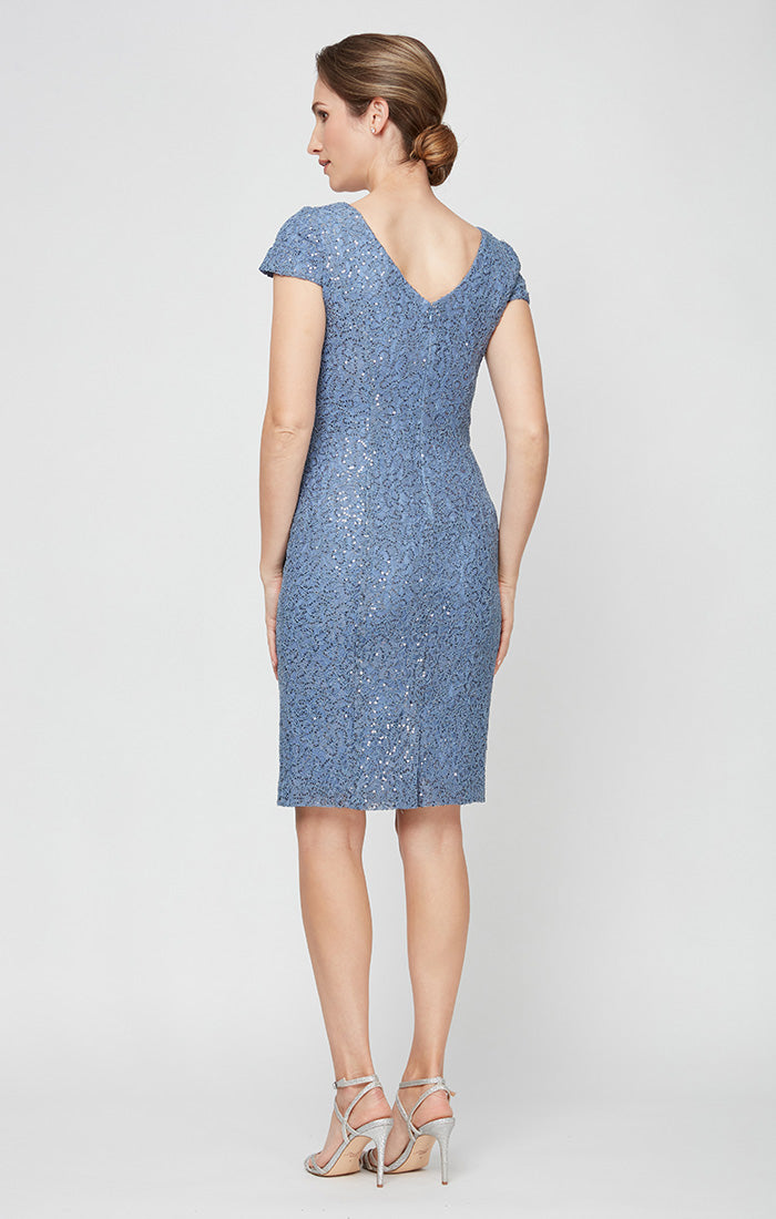 Short Corded Sheath Dress With V-Neckline and Cap Sleeves