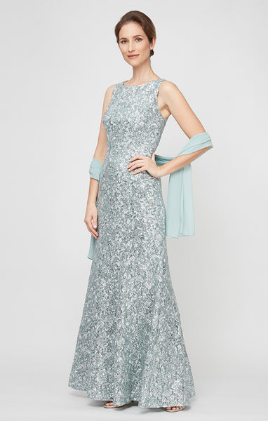 alex evenings petite mother of the bride dresses Women's Long A-line Dress with Illusion Neck and Sleeves, Navy Cap Jersey, 4 : Clothing, Shoes & Jewelry and a front slit for a flattering silhouette Alex Evenings Womens Tea Length