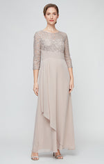 Petite Long A-Line Sequin Lace Empire Waist Dress with Pleated Detail and Overlay Skirt