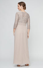 Petite Long A-Line Sequin Lace Empire Waist Dress with Pleated Detail and Overlay Skirt