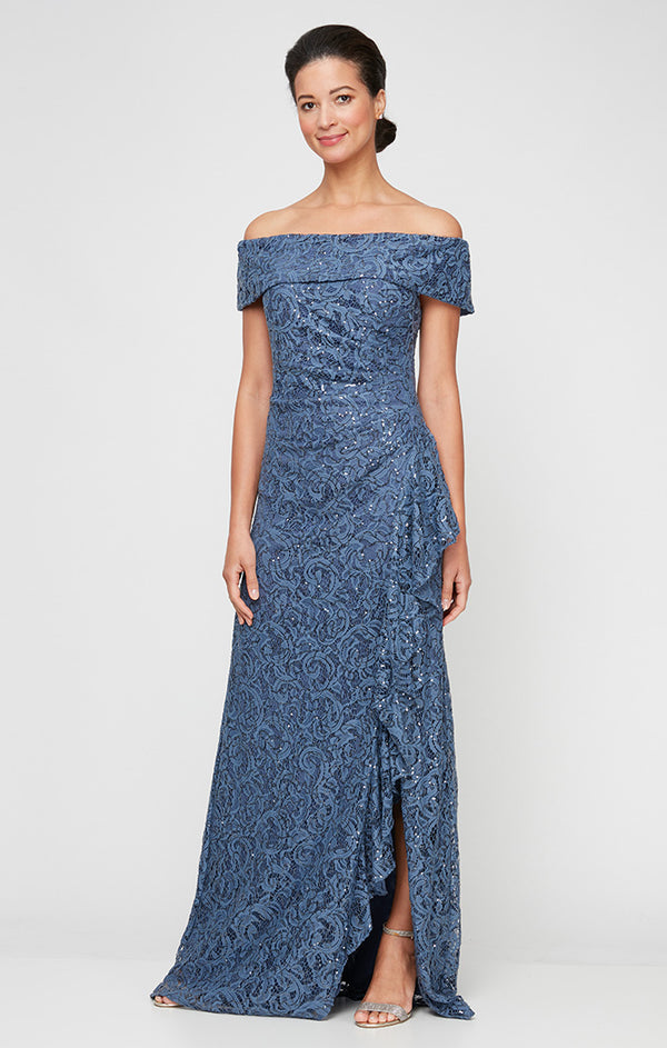 Off-the-Shoulder Sequin Lace Dress with Cascade Ruffle Detail Skirt