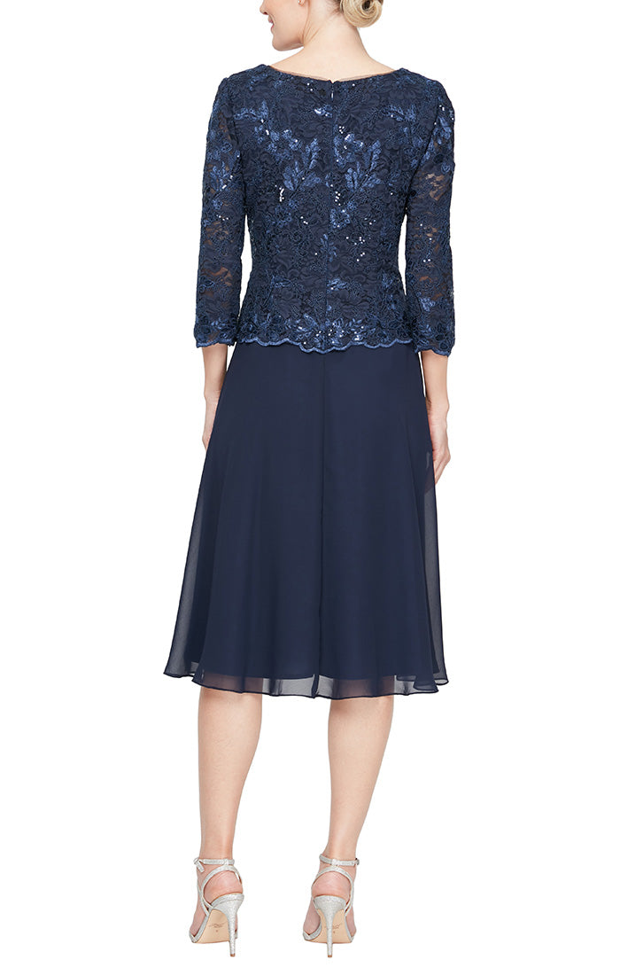 Plus Tea Length Mock Dress with Embroidered Bodice and Full Skirt