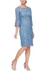 Short Flower Soutache Dress with Illusion Neckline and Bell Sleeves