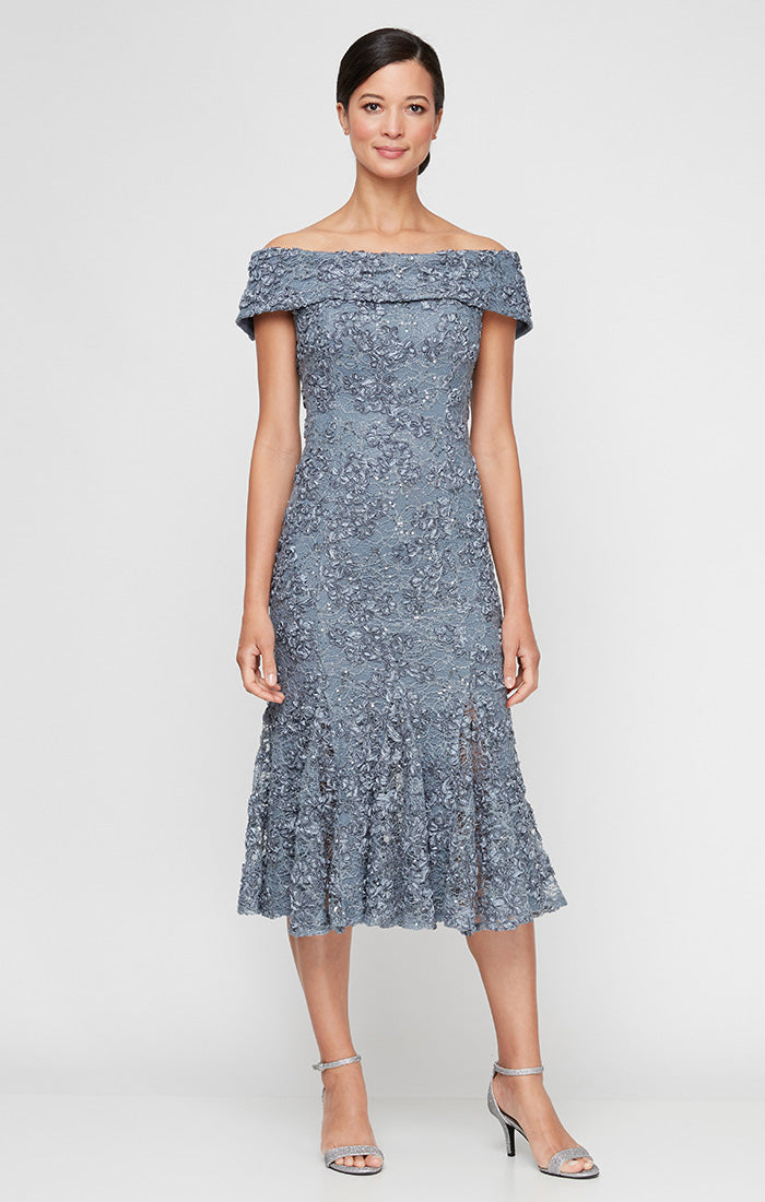 Regular - Off the Shoulder Soutache Lace Fit and Flare Dress with Foldover Cuff Neckline