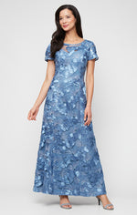 Long Soutache A-Line Dress with Short Sleeves and Illusion Neckline