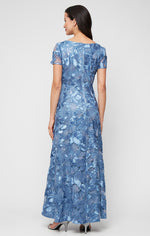 Long Soutache A-Line Dress with Short Sleeves and Illusion Neckline