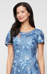 Long Soutache A-Line Dress with Short Sleeves and Illusion Neckline