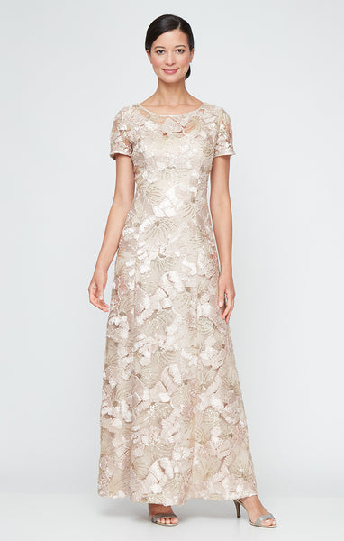 petite a line formal dresses Alex Evenings Embellished Lace Gown - CHAMPAGNE type_XS while short illusion sleeves Liberty Maternity Wedding Gown Size:18 US (50 EU)