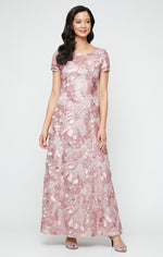 Long Soutache A-Line Dress with Short Sleeves and Illusion Neckline