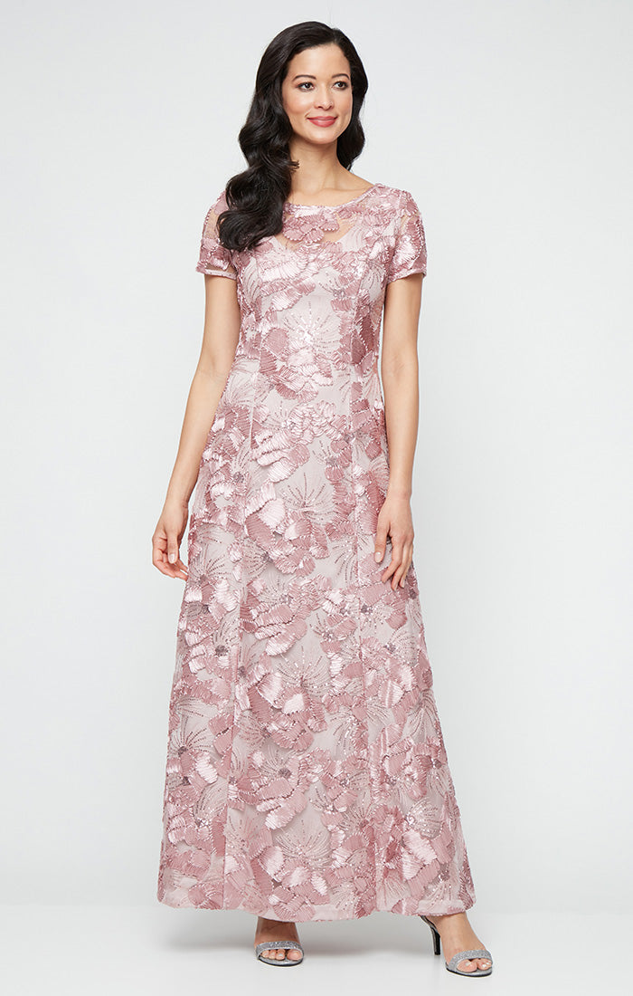 Long Soutache A-Line Dress with Short Sleeves and Illusion Neckline