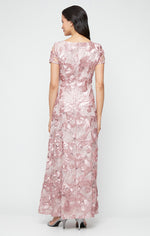 Long Soutache A-Line Dress with Short Sleeves and Illusion Neckline