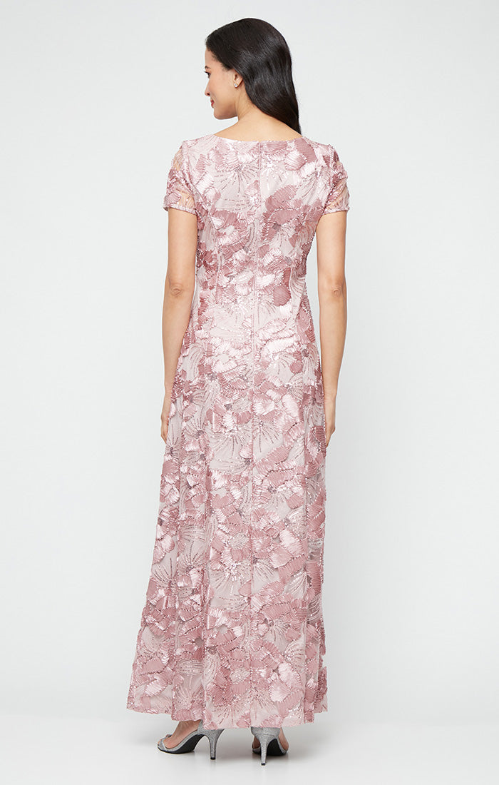 Long Soutache A-Line Dress with Short Sleeves and Illusion Neckline