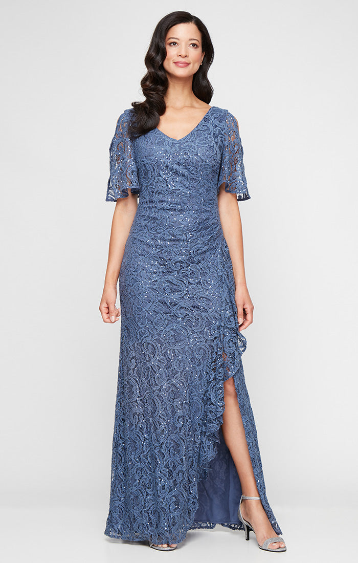 Long V-Neck Stretch Sequin Lace with Cold Shoulder Sleeves and Cascade Detail Skirt