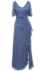 Plus Long V-Neck Stretch Sequin Lace with Cold Shoulder Sleeves and Cascade Detail Skirt