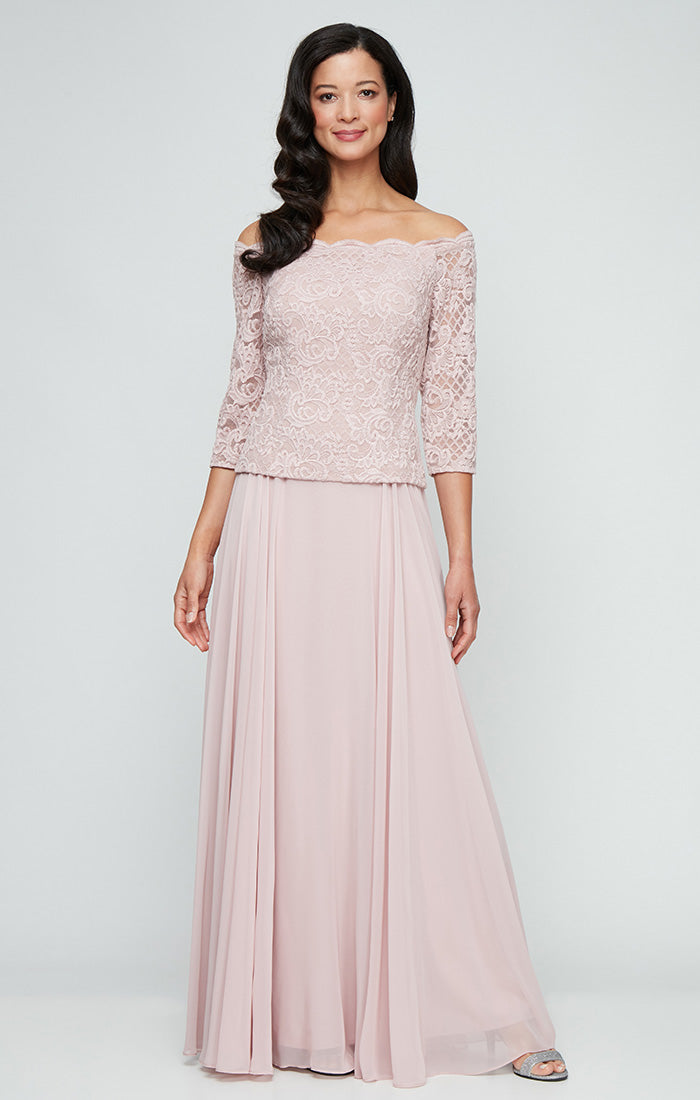 Petite Long Stretch Lace Off the Shoulder Mock Dress with Scallop Neckline Detail and Chiffon Full Skirt