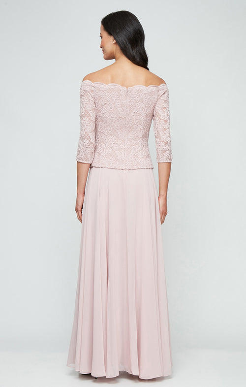 Petite Long Stretch Lace Off the Shoulder Mock Dress with Scallop Neckline Detail and Chiffon Full Skirt