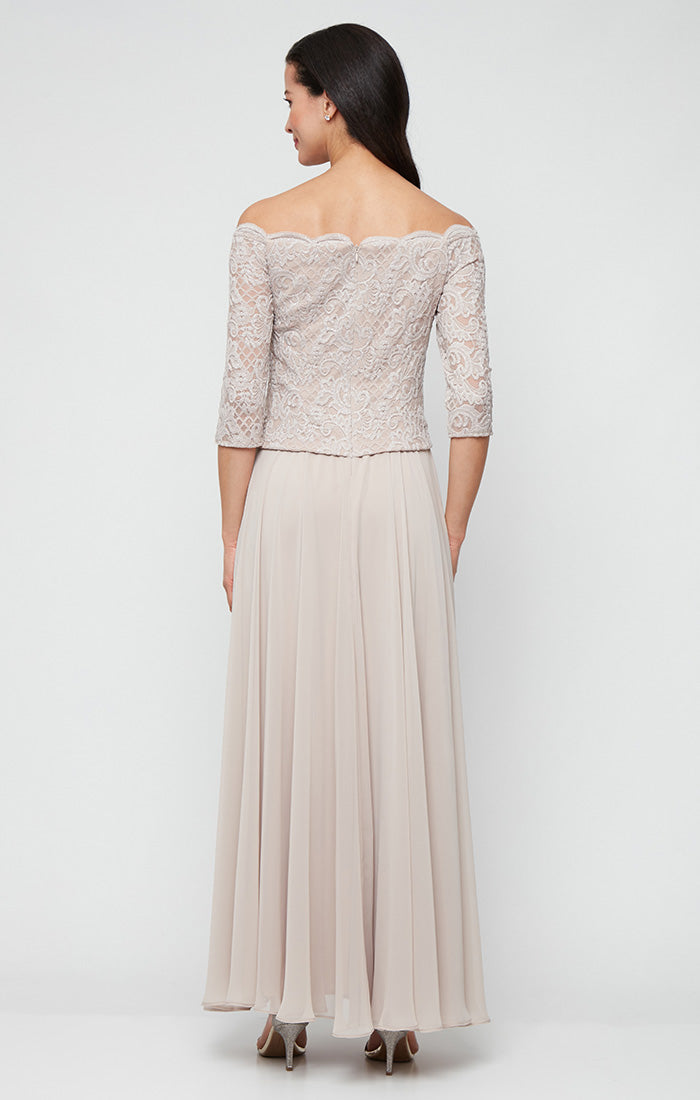 Long Stretch Lace Off the Shoulder Mock Dress with Scallop Neckline Detail and Chiffon Full Skirt