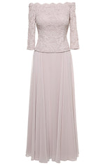 Long Stretch Lace Off the Shoulder Mock Dress with Scallop Neckline Detail and Chiffon Full Skirt