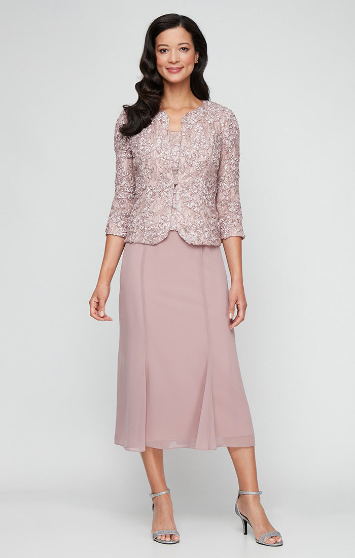 Alex Evenings Soutache Lace & Chiffon Jacket Dress MAUVE / 8 Alex Evenings Soutache Lace & Chiffon Jacket Dress MAUVE / 8