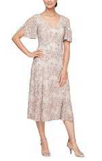 Tea Length V-Neck Soutache Dress with A-Line Skirt and Cold Shoulder Sleeves