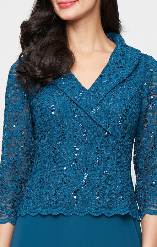 Regular - Long Stretch Lace Mock Dress with Portrait Collar Neckline and Chiffon Skirt