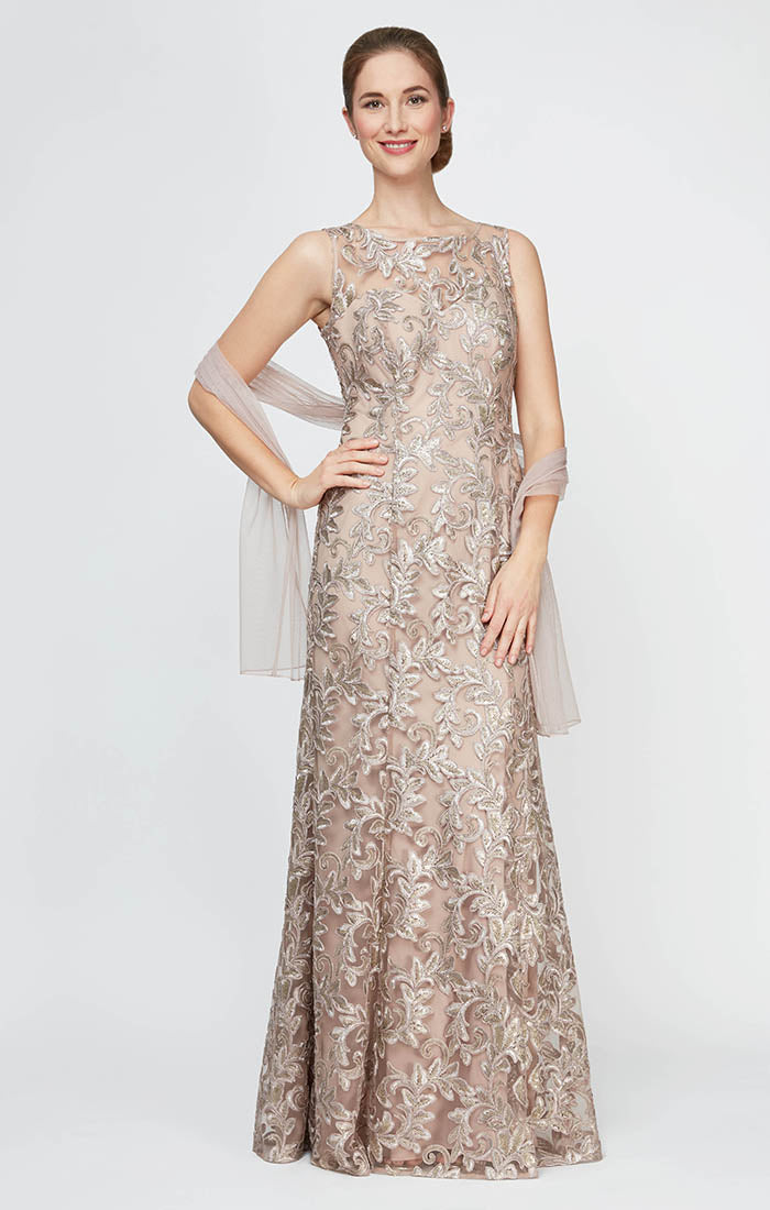 Embroidered Tulle Gown with Sweetheart Illusion Neckline & Matching Shawl