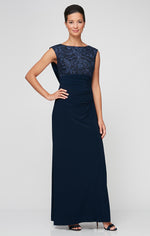 Empire Waist Dress with Matte Jersey Body and Cowl Back Detail with an Embroidered Sequin Lace Bodice