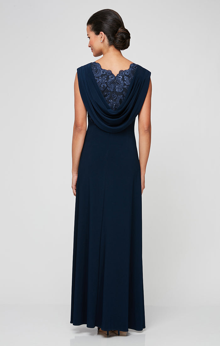 Empire Waist Dress with Matte Jersey Body and Cowl Back Detail with an Embroidered Sequin Lace Bodice