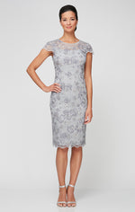 Petite Embroidered Sheath Dress with Illusion Neckline, Short Sleeves and Scallop Detail