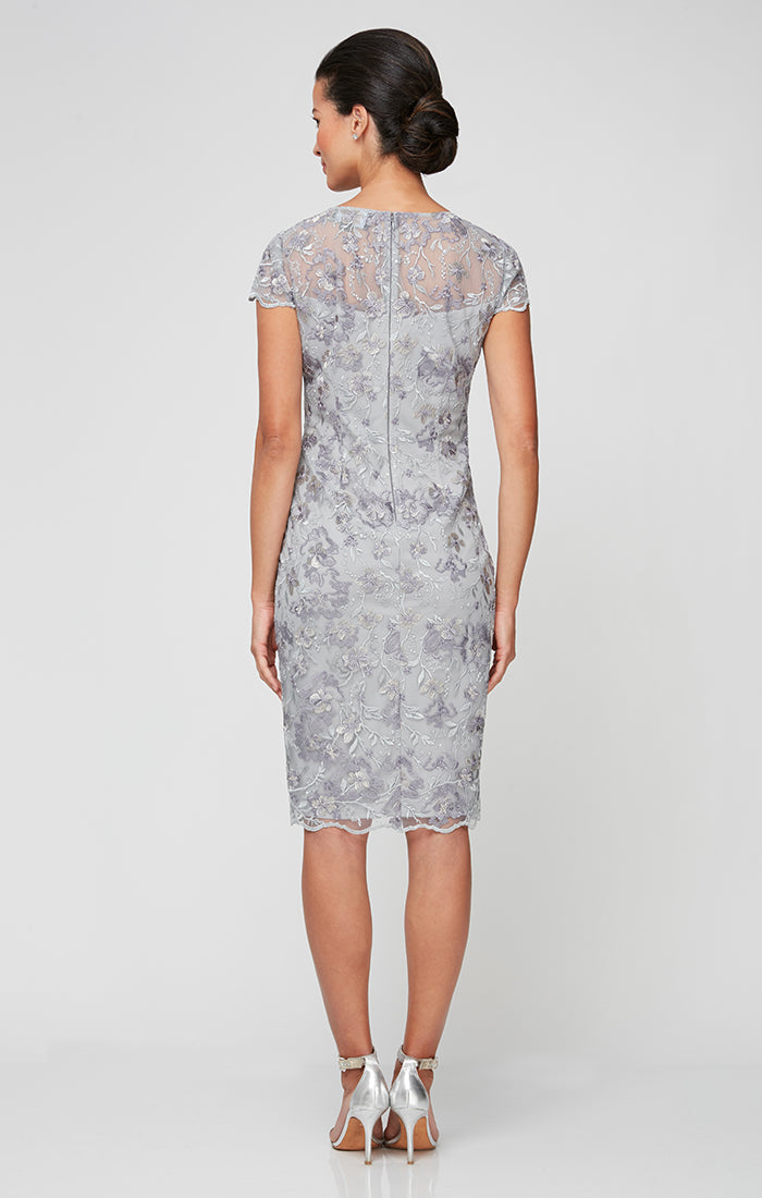 Petite Embroidered Sheath Dress with Illusion Neckline, Short Sleeves and Scallop Detail