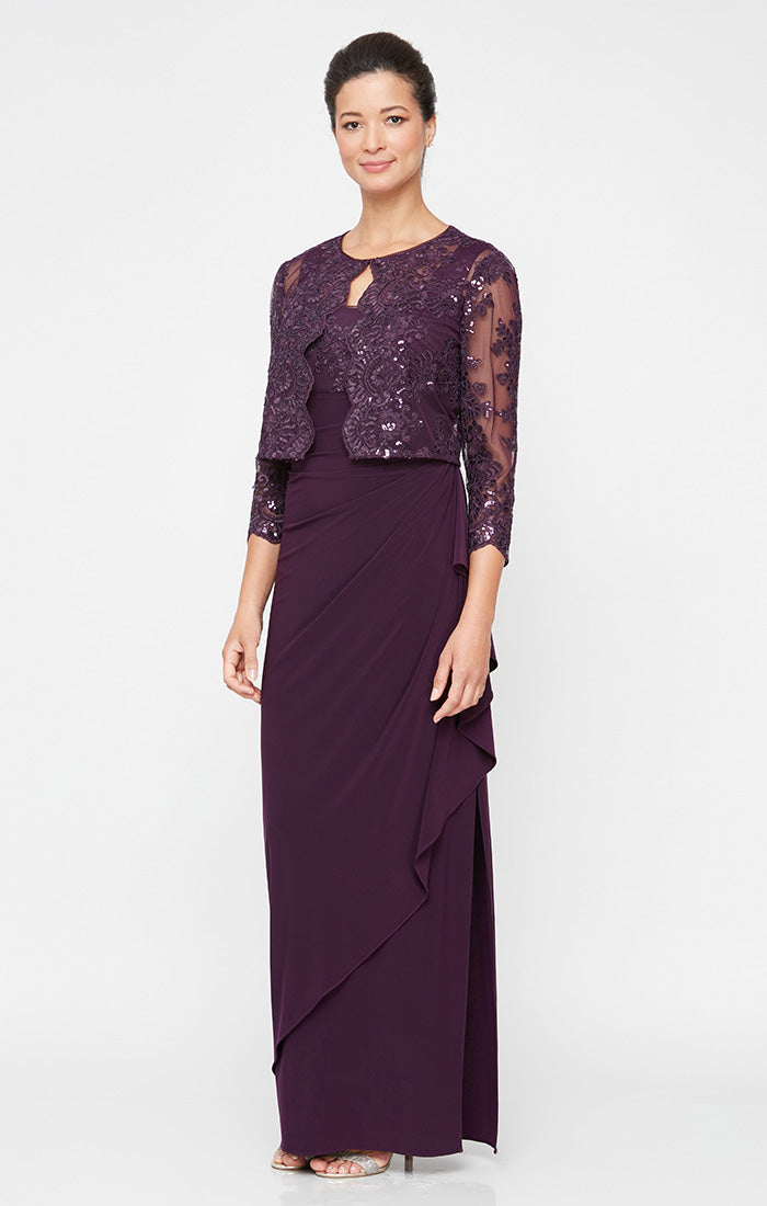 Long Empire Waist Embroidered Jacket Dress with Hook Neck Closure Jacket and Cascade Detail Skirt