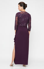 Long Empire Waist Embroidered Jacket Dress with Hook Neck Closure Jacket and Cascade Detail Skirt