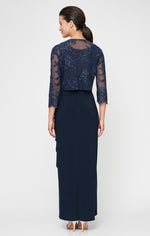 Long Empire Waist Embroidered Jacket Dress with Hook Neck Closure Jacket and Cascade Detail Skirt