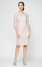 Embroidered Sequin Lace Sheath Dress with Illusion Neckline & 3/4 Bell Sleeves