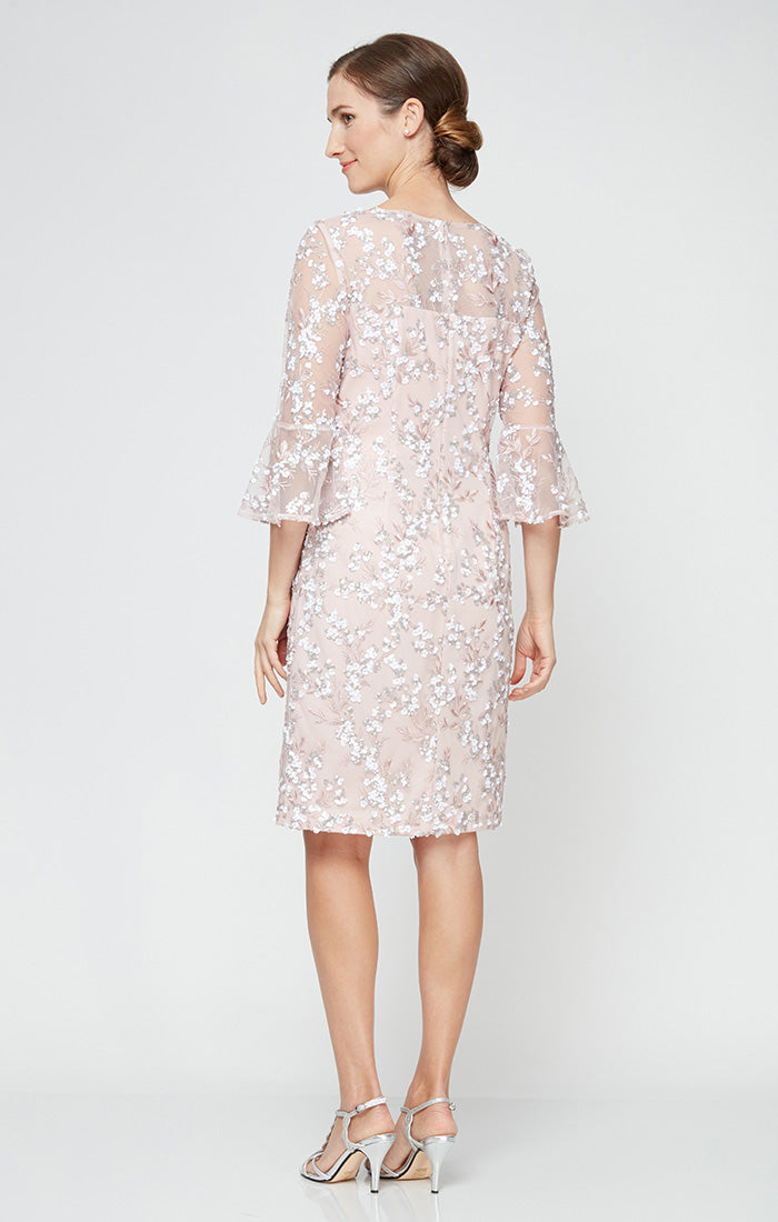 Embroidered Sequin Lace Sheath Dress with Illusion Neckline & 3/4 Bell Sleeves