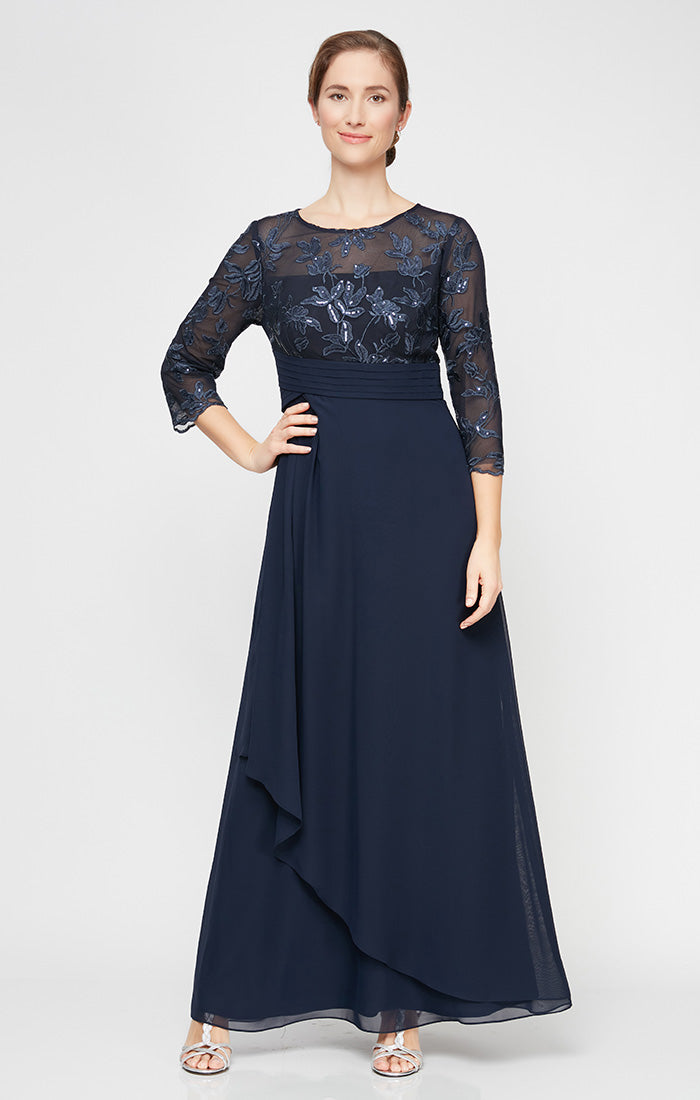 Long 3/4 Sleeve Gown with Embroidered Bodice, Pleated Waist and Asymmetric Cascade Skirt