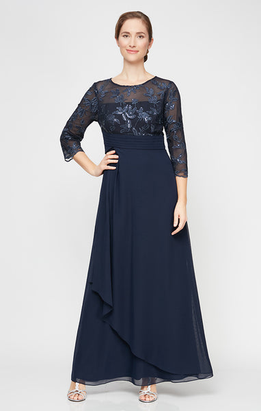 Alex Evenings 3/4 Sleeve Gown with Embroidered Sequin Bodice, Pleated Waist & Cascade Skirt NAVY / 12 Alex Evenings 3/4 Sleeve Gown with Embroidered Sequin Bodice, Pleated Waist & Cascade Skirt NAVY / 12