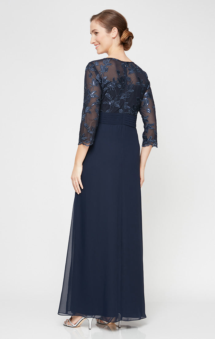 Long 3/4 Sleeve Gown with Embroidered Bodice, Pleated Waist and Asymmetric Cascade Skirt