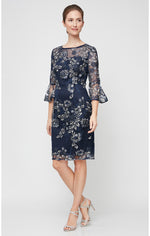 Petite Embroidered Sheath Cocktail Dress with Illusion Neckline & Bell Sleeves