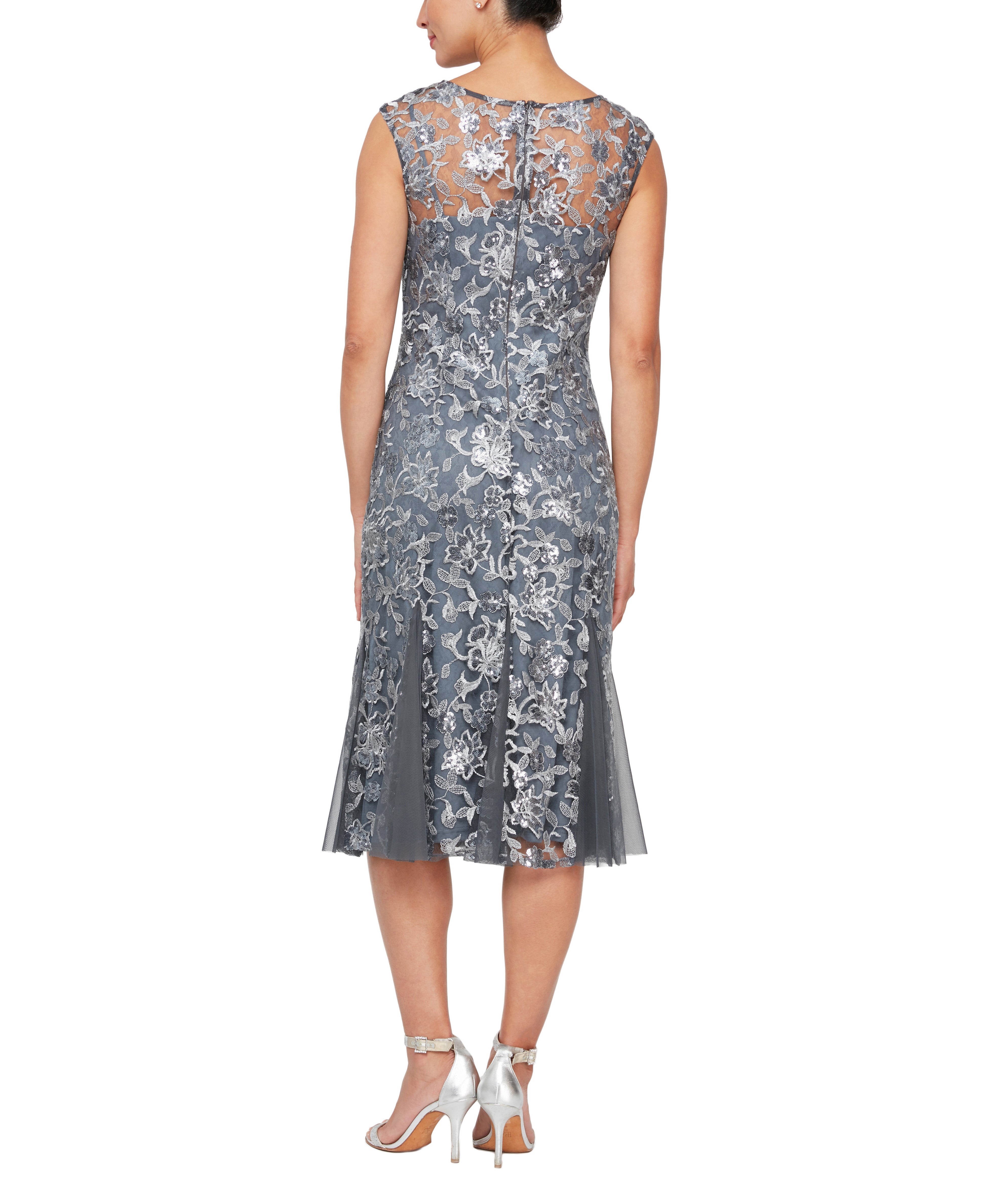 Midi Length Embroidered Cap Sleeve Fit & Flare Cocktail Dress with Illusion Neckline - alexevenings.com